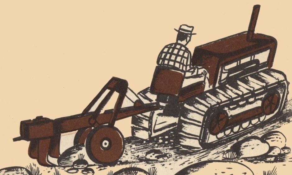 Old illustration of a plow machine and rocks